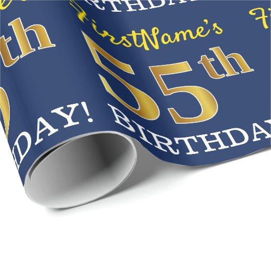 Blauw, imitatie Gold look "55th BIRTHDAY" Cadeaupapier (Rol Hoek)
