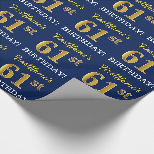 Blauw, imitatie Gold look "61st BIRTHDAY" Cadeaupapier (Hoek)