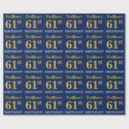 Blauw, imitatie Gold look "61st BIRTHDAY" Cadeaupapier