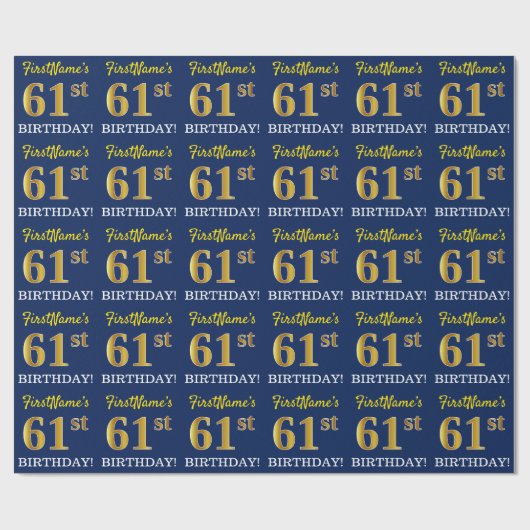 Blauw, imitatie Gold look "61st BIRTHDAY" Cadeaupapier (Vlak)