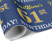 Blauw, imitatie Gold look "61st BIRTHDAY" Cadeaupapier (Rol Hoek)