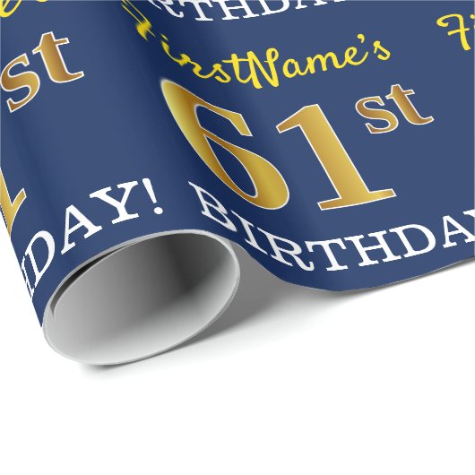 Blauw, imitatie Gold look "61st BIRTHDAY" Cadeaupapier (Rol Hoek)