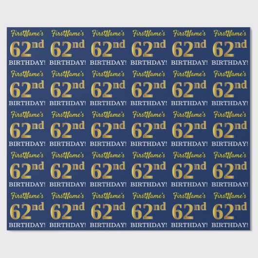 Blauw, imitatie Gold look "62e BIRTHDAY" Cadeaupapier (Vlak)