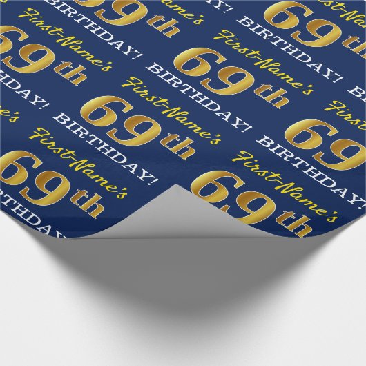 Blauw, imitatie Gold look "69th BIRTHDAY" Cadeaupapier (Hoek)