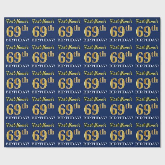 Blauw, imitatie Gold look "69th BIRTHDAY" Cadeaupapier (Vlak)
