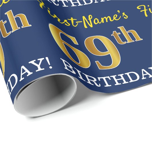 Blauw, imitatie Gold look "69th BIRTHDAY" Cadeaupapier (Rol Hoek)