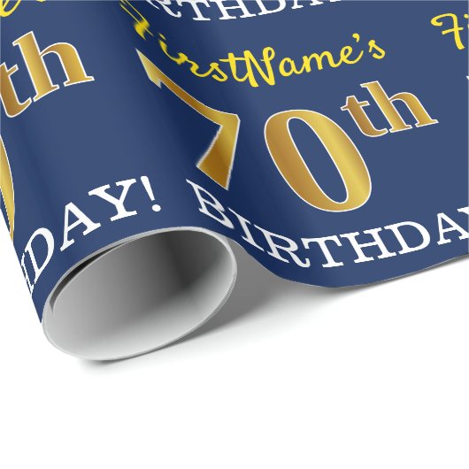 Blauw, imitatie Gold look "70th BIRTHDAY" Cadeaupapier (Rol Hoek)