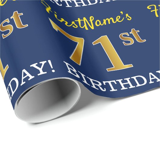 Blauw, imitatie Gold look "71st BIRTHDAY" Cadeaupapier (Rol Hoek)