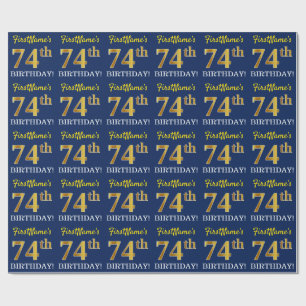 Blauw, imitatie Gold look "74e BIRTHDAY" Cadeaupapier