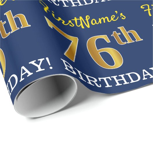 Blauw, imitatie Gold look "76e BIRTHDAY" Cadeaupapier (Rol Hoek)
