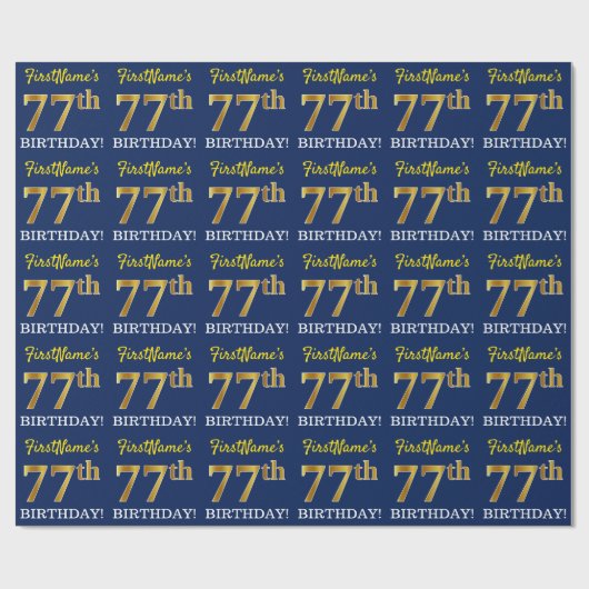 Blauw, imitatie Gold look "77th BIRTHDAY" Cadeaupapier (Vlak)