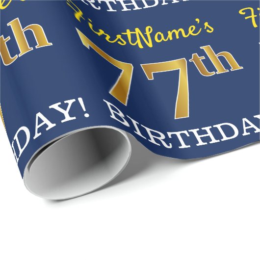 Blauw, imitatie Gold look "77th BIRTHDAY" Cadeaupapier (Rol Hoek)