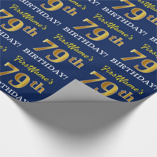Blauw, imitatie Gold look "79th BIRTHDAY" Cadeaupapier (Hoek)