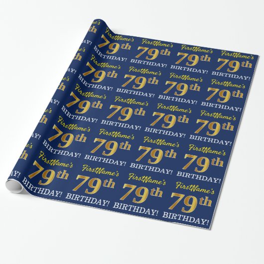 Blauw, imitatie Gold look "79th BIRTHDAY" Cadeaupapier (Uitgerold)