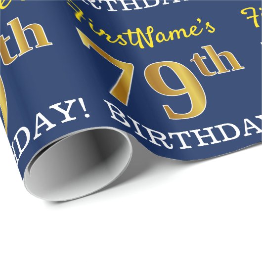 Blauw, imitatie Gold look "79th BIRTHDAY" Cadeaupapier (Rol Hoek)