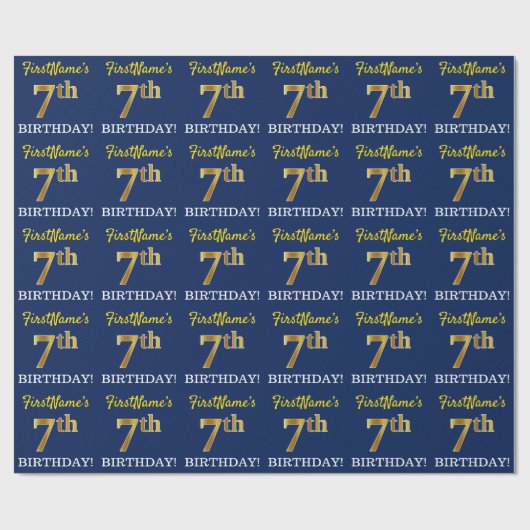Blauw, imitatie Gold look "7e BIRTHDAY" Cadeaupapier (Vlak)