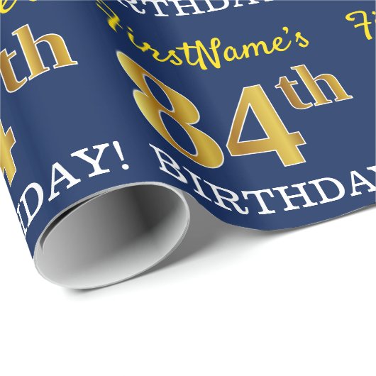 Blauw, imitatie Gold look "84th BIRTHDAY" Cadeaupapier (Rol Hoek)