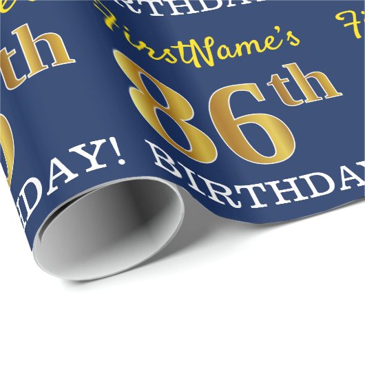 Blauw, imitatie Gold look "86th BIRTHDAY" Cadeaupapier (Rol Hoek)