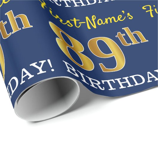 Blauw, imitatie Gold look "89th BIRTHDAY" Cadeaupapier (Rol Hoek)