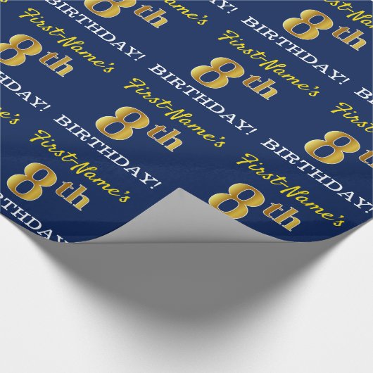 Blauw, imitatie Gold look "8e BIRTHDAY" Cadeaupapier (Hoek)