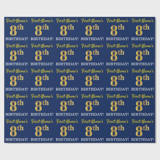 Blauw, imitatie Gold look "8e BIRTHDAY" Cadeaupapier (Vlak)