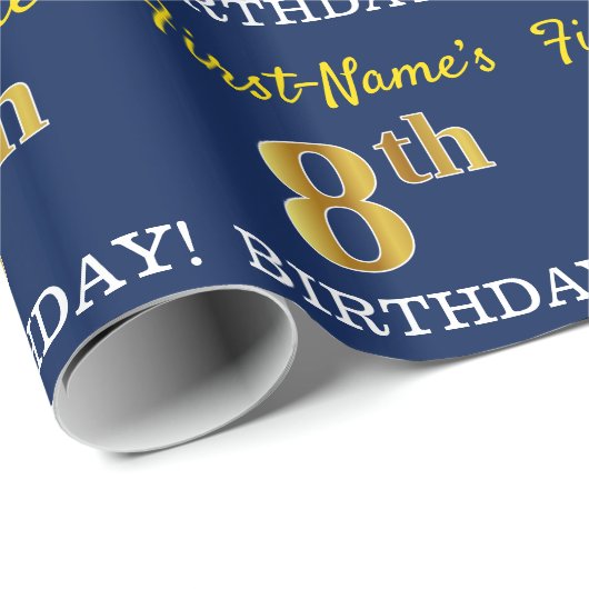 Blauw, imitatie Gold look "8e BIRTHDAY" Cadeaupapier (Rol Hoek)