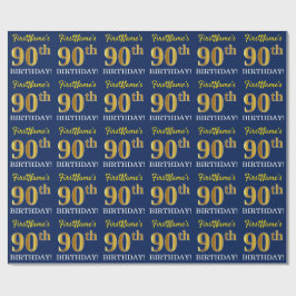 Blauw, imitatie Gold look "90th BIRTHDAY" Cadeaupapier