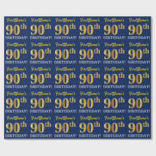 Blauw, imitatie Gold look "90th BIRTHDAY" Cadeaupapier