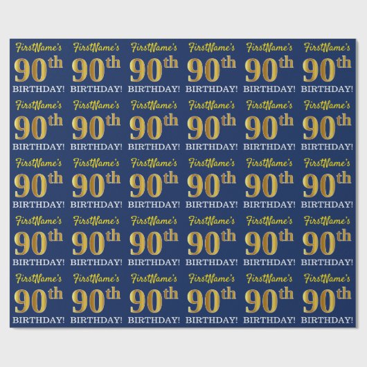 Blauw, imitatie Gold look "90th BIRTHDAY" Cadeaupapier (Vlak)