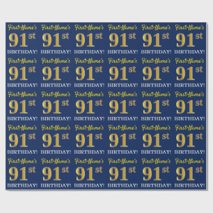 Blauw, imitatie Gold look "91st BIRTHDAY" Cadeaupapier