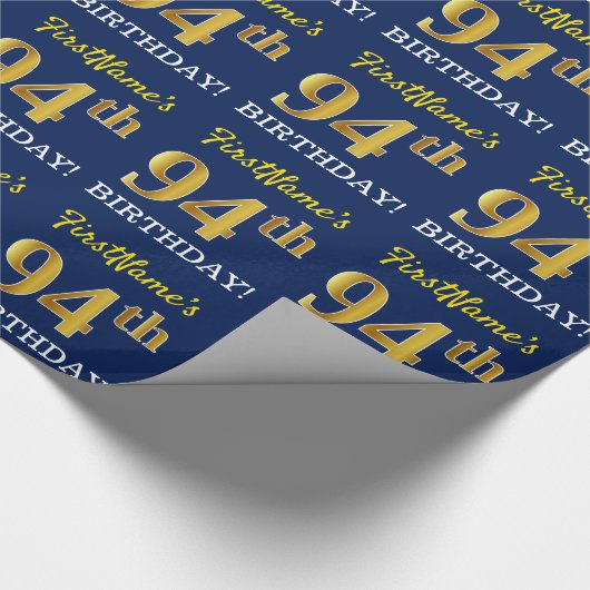 Blauw, imitatie Gold look "94th BIRTHDAY" Cadeaupapier (Hoek)