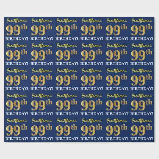 Blauw, imitatie Gold look "99th BIRTHDAY" Cadeaupapier (Vlak)