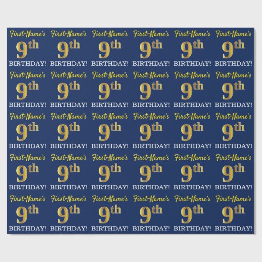 Blauw, imitatie Gold look "9th BIRTHDAY" Cadeaupapier (Vlak)