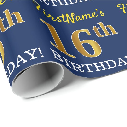 Blauw, Imitatie Goud Kijk "16e VERJAARDAG" Cadeaupapier (Rol Hoek)
