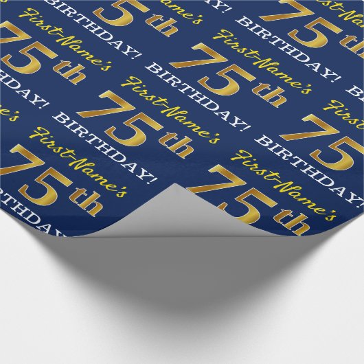 Blauw, Imitatie Goud Kijk "75e VERJAARDAG" Cadeaupapier (Hoek)