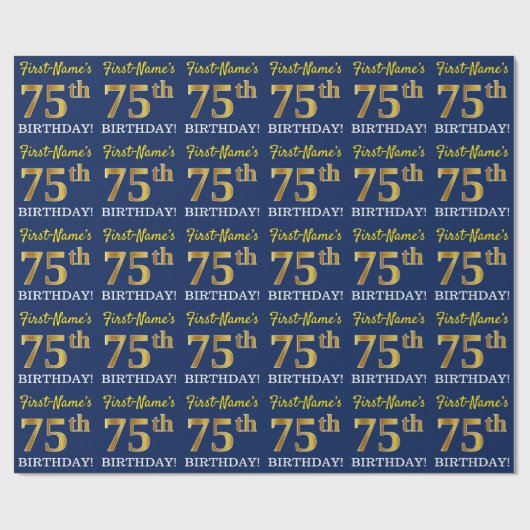 Blauw, Imitatie Goud Kijk "75e VERJAARDAG" Cadeaupapier (Vlak)