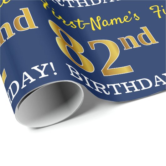 Blauw, Imitatie Goud Kijk "82e VERJAARDAG" Cadeaupapier (Rol Hoek)