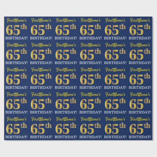 Blauw, Imitatie Goud look "65th BIRTHDAY" Cadeaupapier (Vlak)