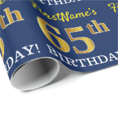 Blauw, Imitatie Goud look "65th BIRTHDAY" Cadeaupapier (Rol Hoek)