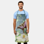 Blauw in witte Waterverf Magnolia Floral Butterfly Schort (Gedragen)