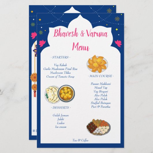 Blauw Indiaas ontwerpgrendel hindu bruiloft menu (Voorkant / Achterkant)