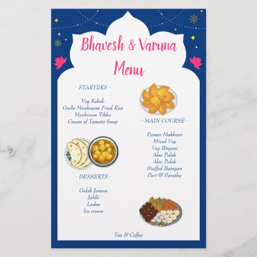 Blauw Indiaas ontwerpgrendel hindu bruiloft menu (Voorkant)