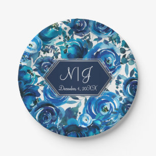 Blauw Indigo Bloem Bloemen Elegante Chic Bruiloft Papieren Bordje