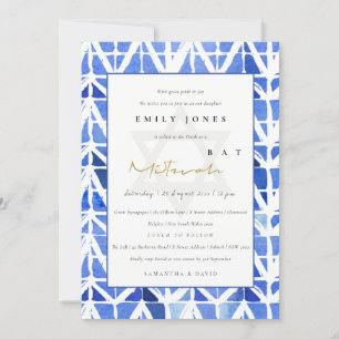 BLAUW INDIGO CHEVRON PATTERN BAT BAR MITZVAH INVIT BEDANKKAART