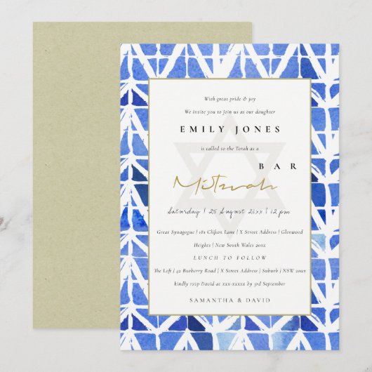 BLAUW INDIGO CHEVRON PATTERN BAT BAR MITZVAH INVIT BEDANKKAART (Voorkant / Achterkant)