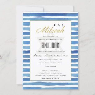 BLAUW INDIGO STRIPES PATROON BBT BAR MITZVAH INVIT BEDANKKAART