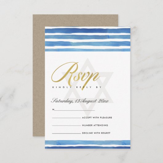 BLAUW INDIGO STRIPES STAR BAR BAT MITZVAH RSVP INFORMATIEKAARTJE (Voorkant / Achterkant)