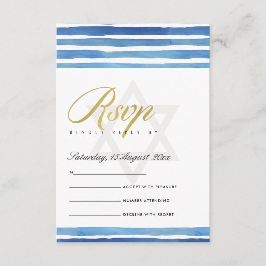 BLAUW INDIGO STRIPES STAR BAR BAT MITZVAH RSVP INFORMATIEKAARTJE (Voorkant)