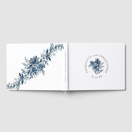 Blauw indigo waterverf bloemenlineart bruiloft gastenboek (Volledig)