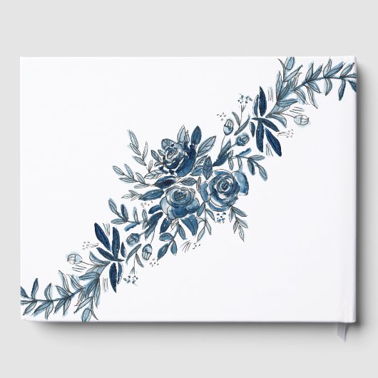 Blauw indigo waterverf bloemenlineart bruiloft gastenboek (Achterkant)